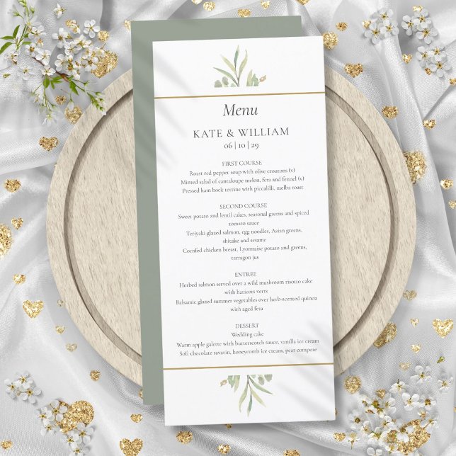 Carte de menu de dîner de mariage à la gouache Euc (Watercolor Greenery Eucalyptus Wedding Dinner Menu)