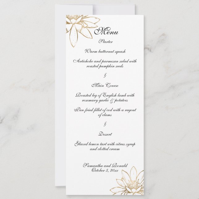 Carte de menu de dîner de mariage blanc, noir et o (Devant)