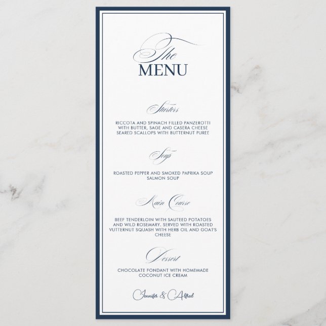 Carte de menu de dîner de mariage bleu marine chic (Devant)