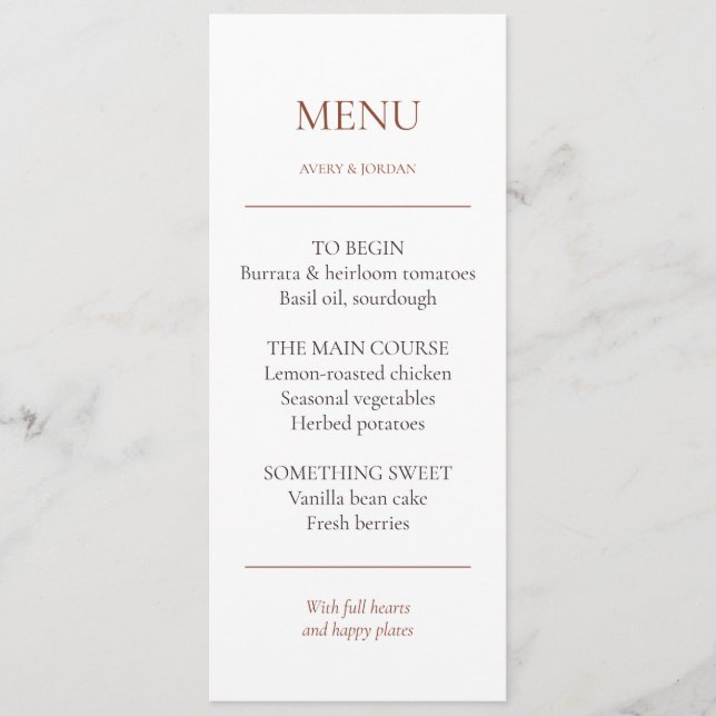 Carte de menu de dîner de mariage éditable Copper  (Devant)