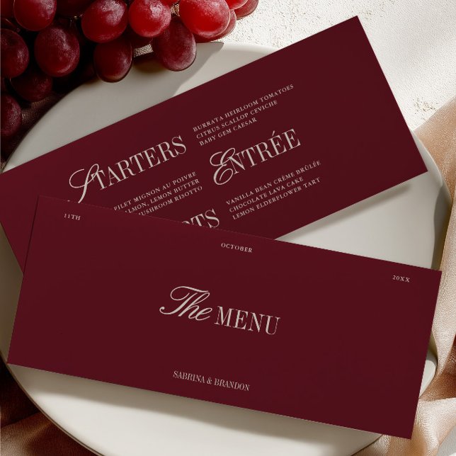 Carte de Menu de Dîner de Mariage Élégant Bourgogn (Elegant Burgundy & Ivory Wedding Dinner Menu Card)