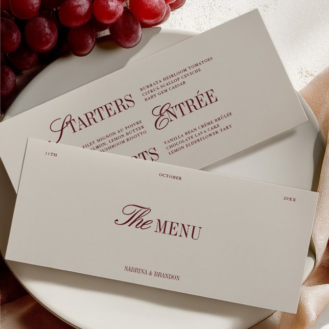 Carte de Menu de Dîner de Mariage Élégant Bourgogn (Elegant Burgundy & Ivory Wedding Dinner Menu Card)