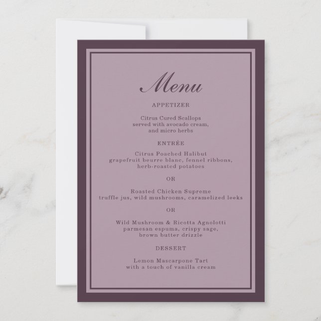 Carte de menu de dîner de mariage élégant mauve et (Devant)