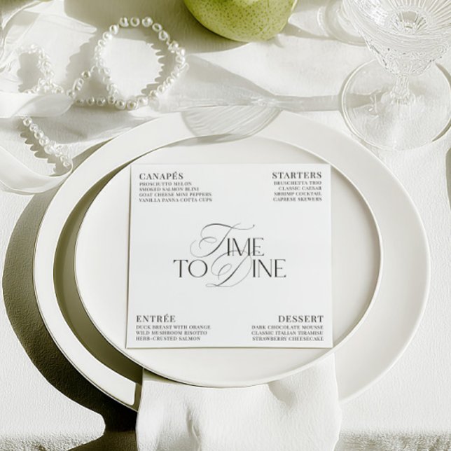 Carte de menu de dîner de mariage élégant noir et  (Elegant Black & White Wedding Dinner Menu Card)