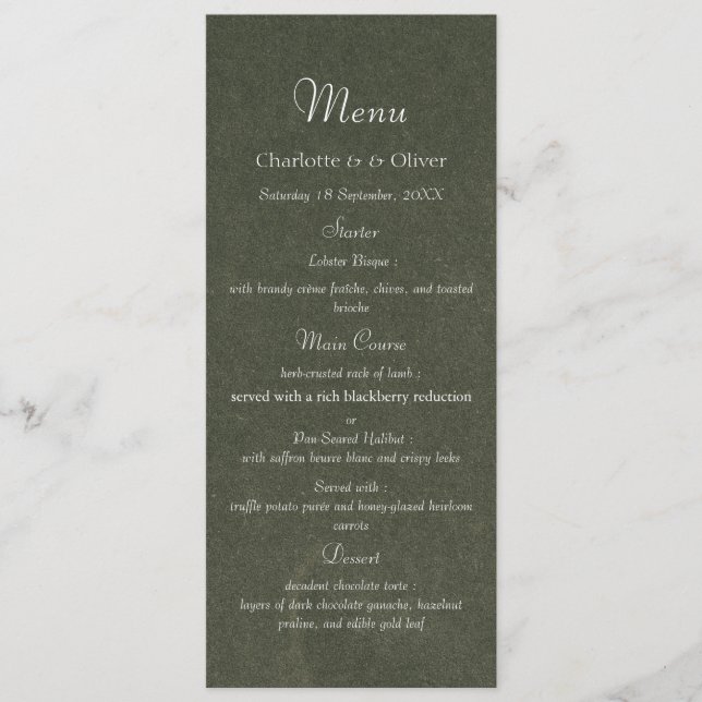 Carte de Menu de Dîner de Mariage Élégant Vert Sau (Devant)