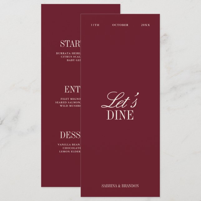 Carte de menu de dîner de mariage élégante bordeau (Devant / Derrière)