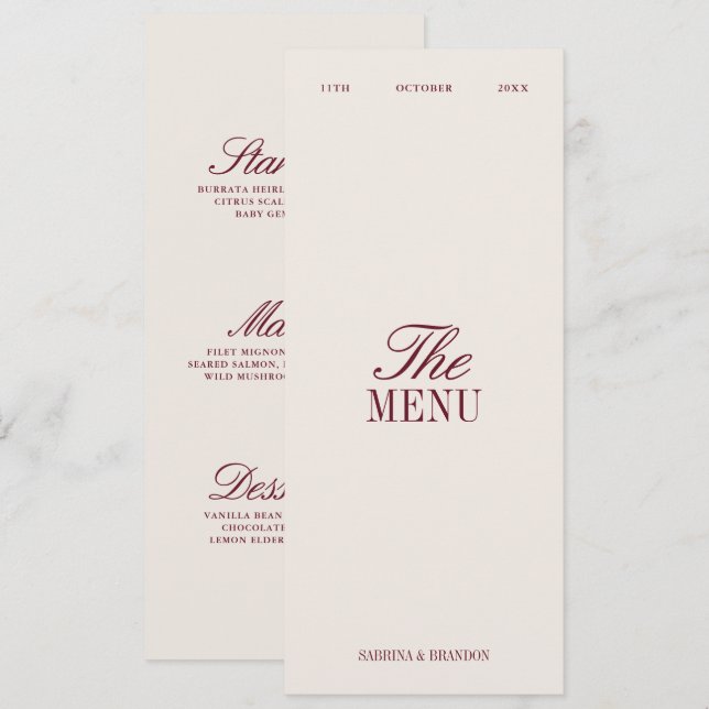 Carte de menu de dîner de mariage élégante bordeau (Devant / Derrière)