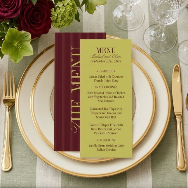 Carte de Menu de Dîner de Mariage Élégante Rayée C (Elegant Stripe Chartreuse Burgundy Wedding Dinner Menu)