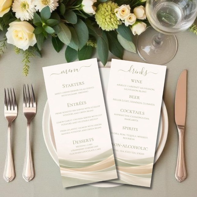Carte de menu de dîner de mariage et de bar vert s (Sage Green and Ivory Wedding Dinner and Bar Menu )