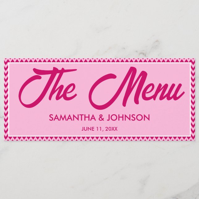 Carte de menu de dîner de mariage moderne rose sau (Devant)