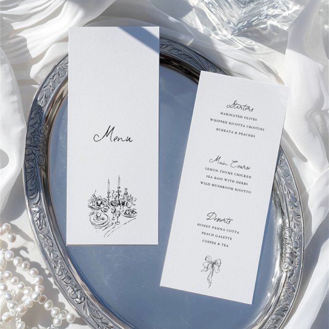 Carte de menu de dîner de mariage noir et blanc de (Hand Drawn Black & White Wedding Dinner Menu Card)
