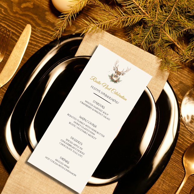 Carte de Menu de Dîner de Noël Élégant Rustique (Rustic Noel Christmas menu card — rustic elegance with a grand reindeer. Customizable.)