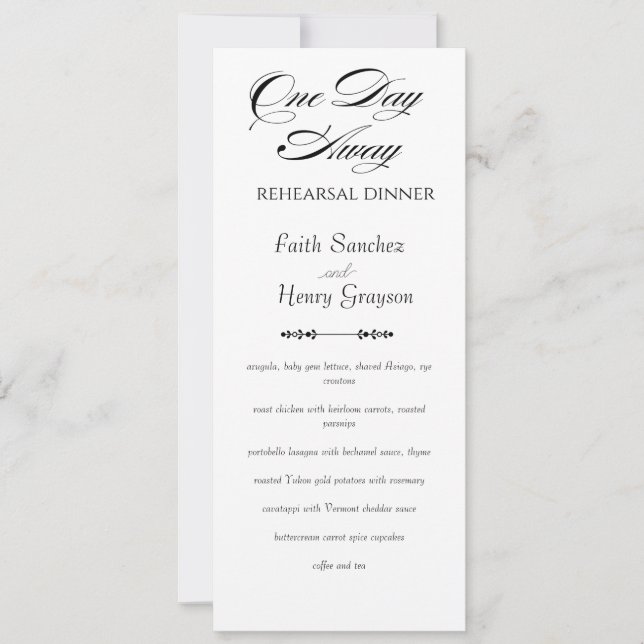 Carte de menu de dîner de répétition Chic One Day  (Devant)