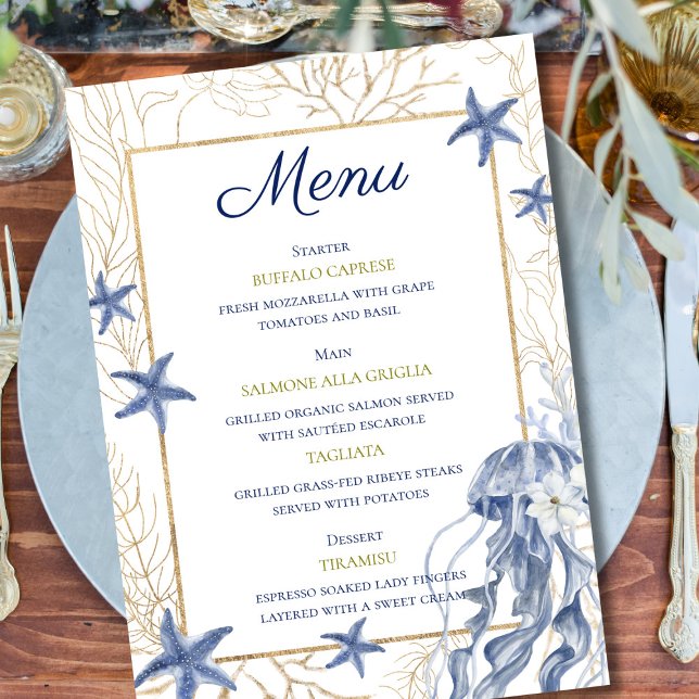 Carte de menu de dîner de répétition de mariage cô (Coastal Rehearsal Dinner Wedding Menu Card)