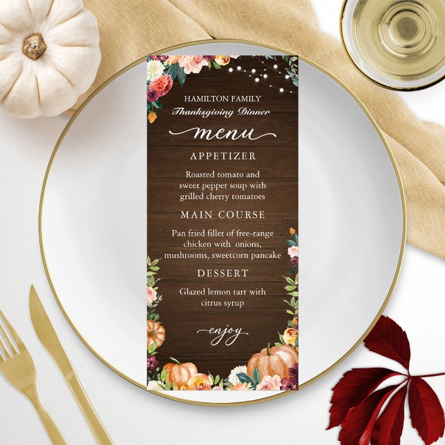 Carte de menu de dîner de Thanksgiving à la floral (Créateur téléchargé)