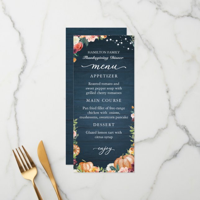 Carte de menu de dîner de Thanksgiving à la floral (Devant/Arrière en situation)