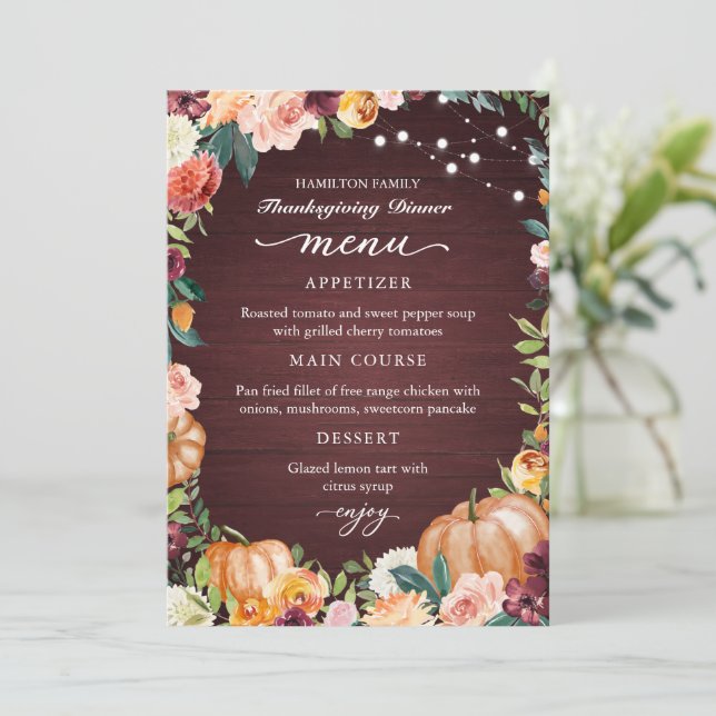 Carte de Menu de Dîner de Thanksgiving Floral Auto (Debout devant)
