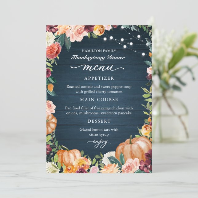 Carte de Menu de Dîner de Thanksgiving Floral d'Au (Debout devant)