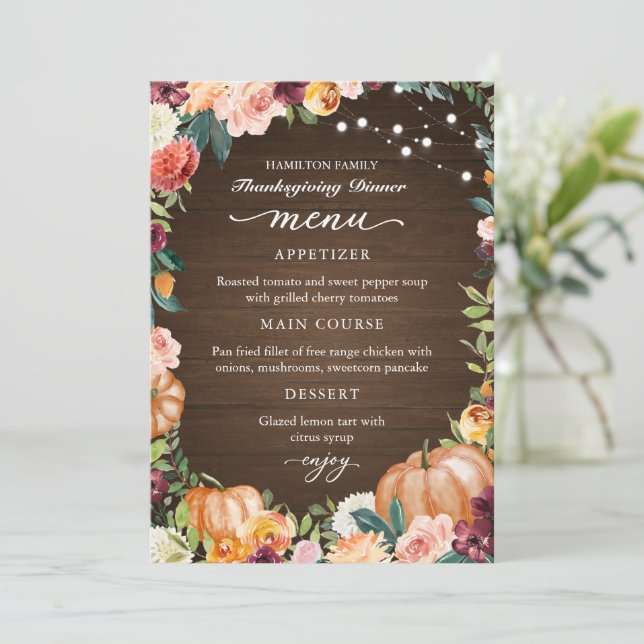Carte de Menu de Dîner de Thanksgiving Floral d'Au (Debout devant)