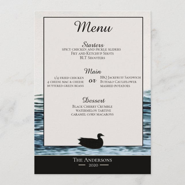 Carte de menu de dîner du lac du Canard sauvage (Devant)
