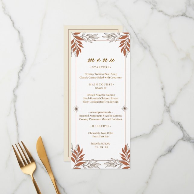 Carte de menu de dîner élégante en orange brûlée a (Devant/Arrière en situation)