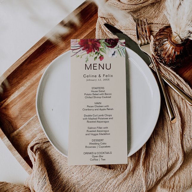 Carte de menu de dîner floral moderne Burgundy Nav (Créateur téléchargé)