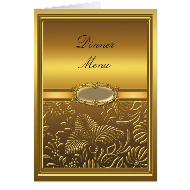 Carte de Menu de Dîner Or Damassé Floral (Devant)