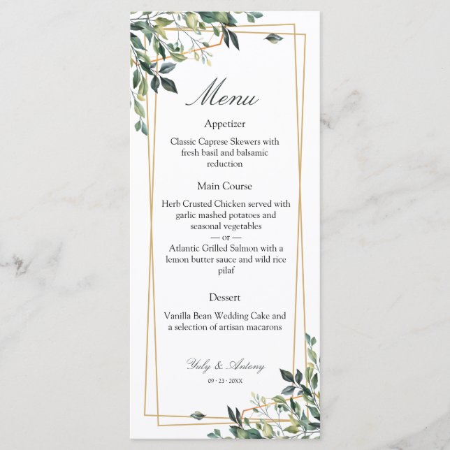 Carte de menu de dîner or imprimé à la verdure sop (Devant)