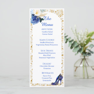 Carte de menu de dîner Papillon Bleu Royal Or