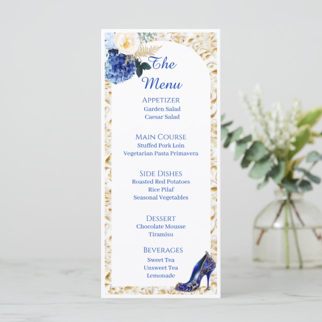 Carte de menu de dîner Papillon Bleu Royal Or (Debout devant)