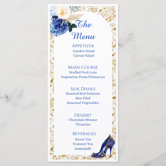 Carte de menu de dîner Papillon Bleu Royal Or (Devant)