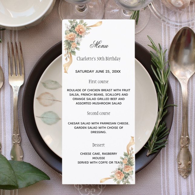 Carte de menu de dîner ruban floral jaune doré (Créateur téléchargé)