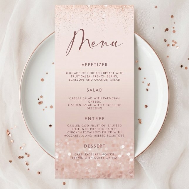 Carte de menu de fête d'anniversaire 18 ans paille (Rose Gold Glitter 18th Birthday Party Menu Card)