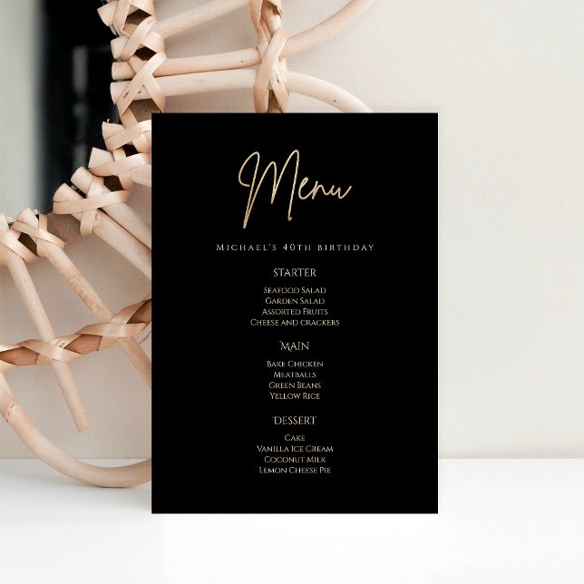 Carte de Menu de Fête d'Anniversaire 40 ans Or Noi (Elegant Black Gold 40th Birthday Party Menu Card)