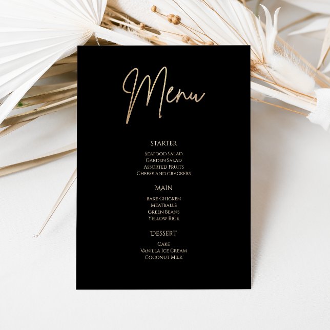 Carte de Menu de Fête d'Anniversaire Élégante Noir (Elegant Black and Gold Birthday Party Menu Card)