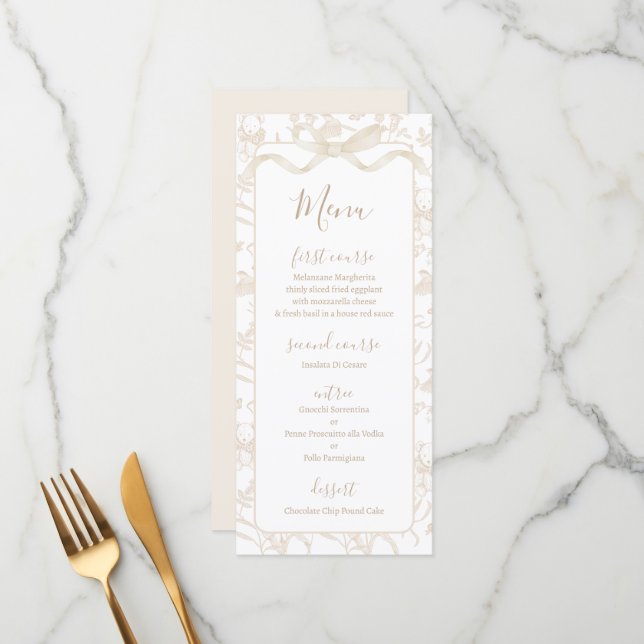 Carte de menu de fête de bébé neutre Toile de jouy (Devant/Arrière en situation)