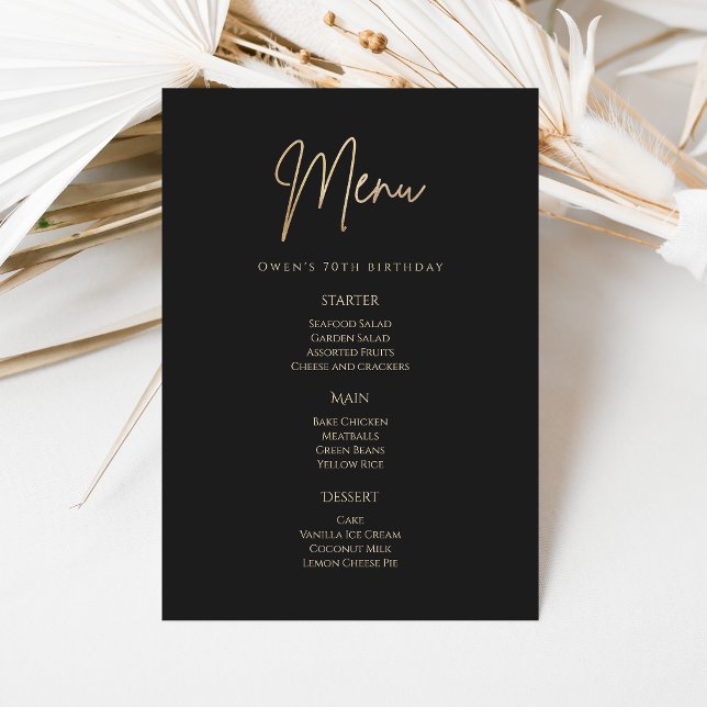 Carte de Menu de Fête des 70 Ans Élégante Noir et  (Elegant Black Gold 70th Birthday Party Menu Card)