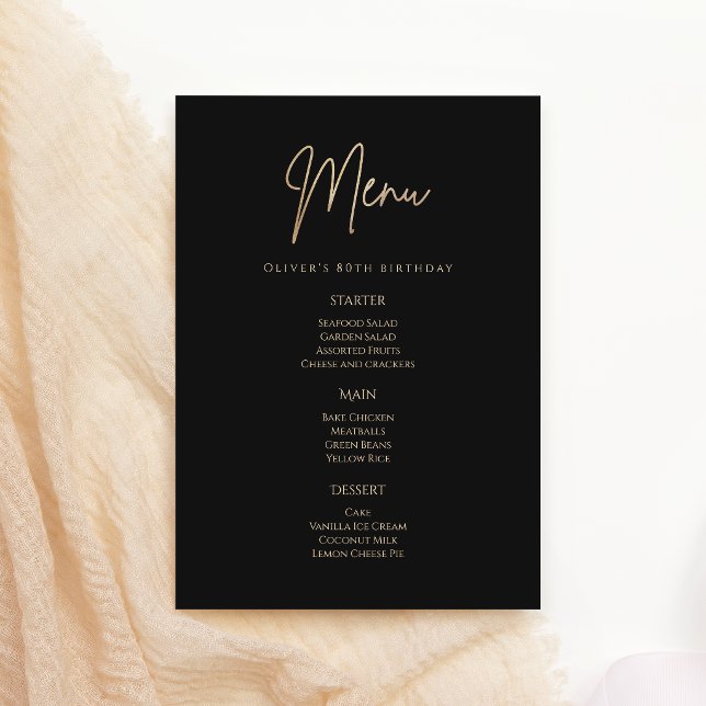 Carte de Menu de Fête des 80 Ans Élégant Noir Or (Elegant Black Gold 80th Birthday Party Menu Card)