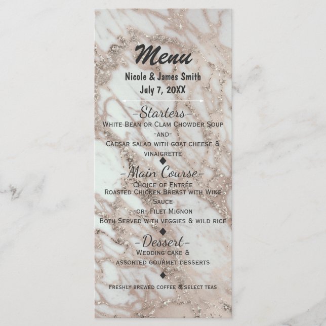 Carte de menu de fête Rose Pink Glam Marble Or Arg (Devant)