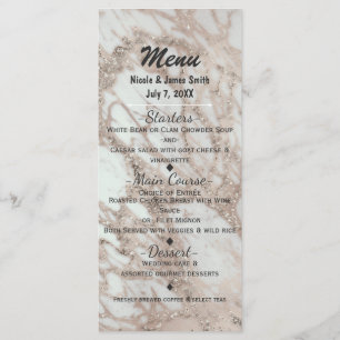 Carte de menu de fête Rose Pink Glam Marble Or Arg