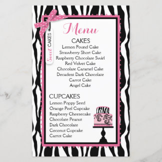 Carte de menu de la boulangerie Zebra Print and Ca