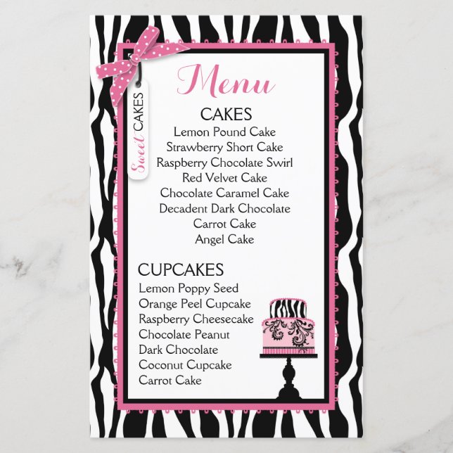 Carte de menu de la boulangerie Zebra Print and Ca (Devant)