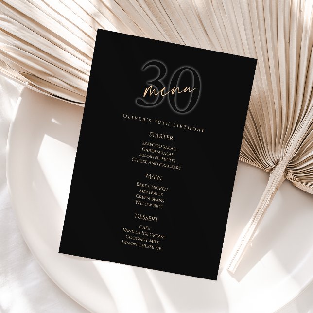 Carte de Menu de la Fête d'Anniversaire des 30 ans (Modern Black Gold 30th Birthday Party Menu Card)
