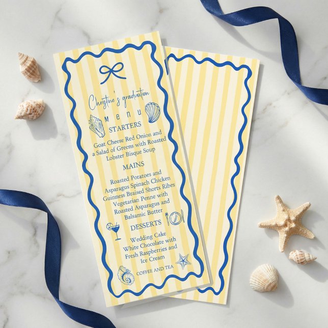 Carte de Menu de la Fête de Remise des Diplômes Na (Nautical Graduation Party Menu Card | Blue Coastal#graduationmenu #graduationparty #graduationdecor )