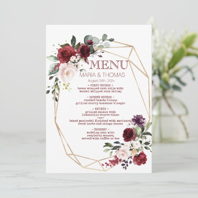 Carte de menu de la réception de mariage floral (Debout devant)