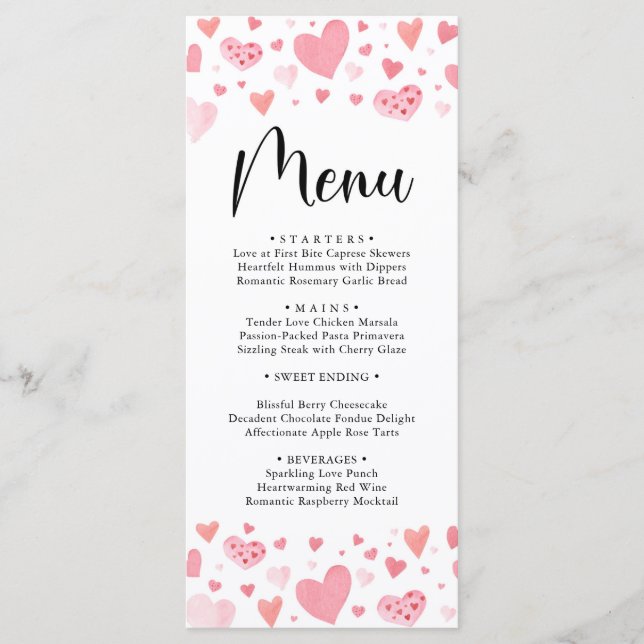Carte de menu de la Saint-Valentin à cœurs roses a (Devant)