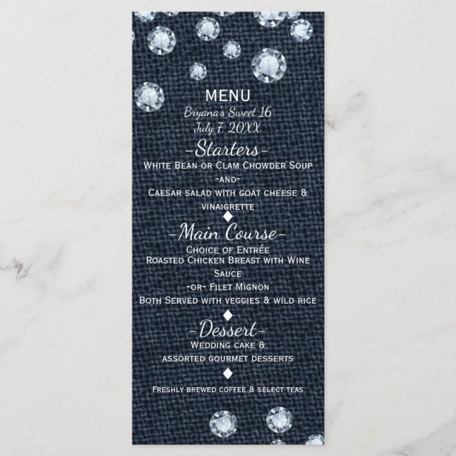 Carte de menu de l'événement Denim & Diamonds Glam (Devant)