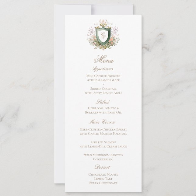 Carte de menu de mariage à armoiries de monogramme (Devant)