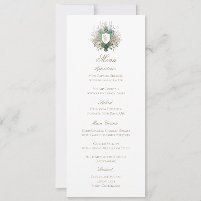 Carte de menu de mariage à armoiries de monogramme (Devant)