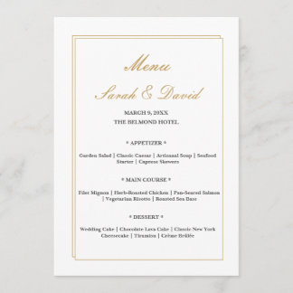 Carte de menu de mariage à bordure dorée minimalis